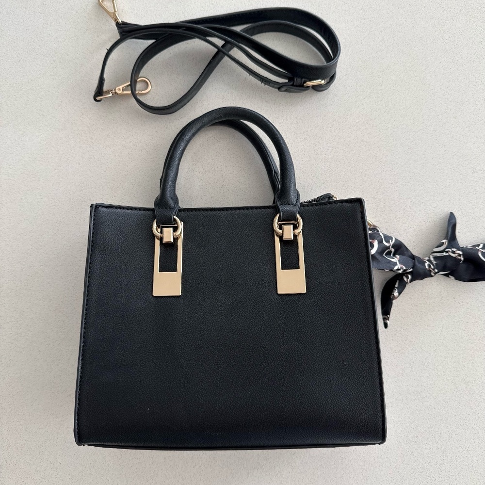 Black Structured Top Handle Crossbody Purse Faux Leather Basic Purse Everyday
